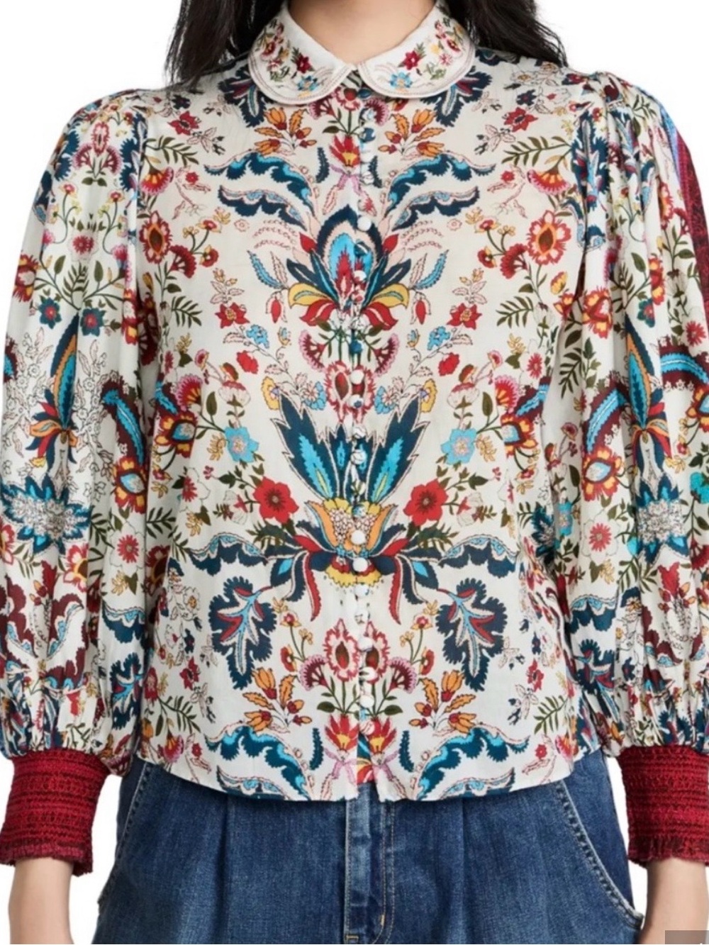 Alice + Olivia April Embroidered Collar Santa Monica Off White Multi Top Small